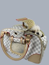Luxury-Inspired Small Pet Carrier Checkered Travel Bag Mesh Vent Tote Soft Sided