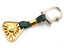 Gucci Bag Charm Key ring Triangle Gold tone Sun Face Green Leather Rare Vintage