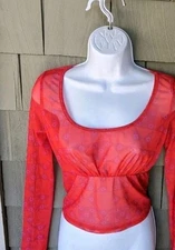 Lisa Says Gah Mesh See Through Red Top Blouse Shirt Size S Small