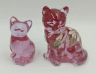2 Fenton Sitting Cat Figurines Pink Art Glass 3" & Hand Painted 3-3/4" Kitten