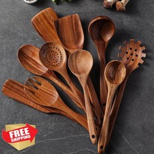 Wooden Spoons Cooking Utensils Set 12pc, Teak Wood Spatula, Nonstick Pots