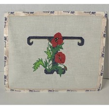 Monogram Letter T Needlepoint Canvas Red Poppies Floral Ribbon Trim