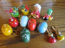 Mixed Lot of Vintage Wood Eggs, Rabbit, Mrs. Claus, Birds, Drummer Boy