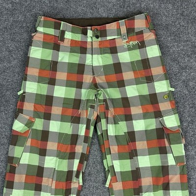 Burton Stow Cargo Snow Pants Womens S Green Tartan Plaid Ski