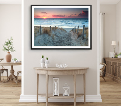 Sea Shoret Print, Sea Wall Art, Sunset Cloudy Sky Framed Beach Wall Art, Coastal