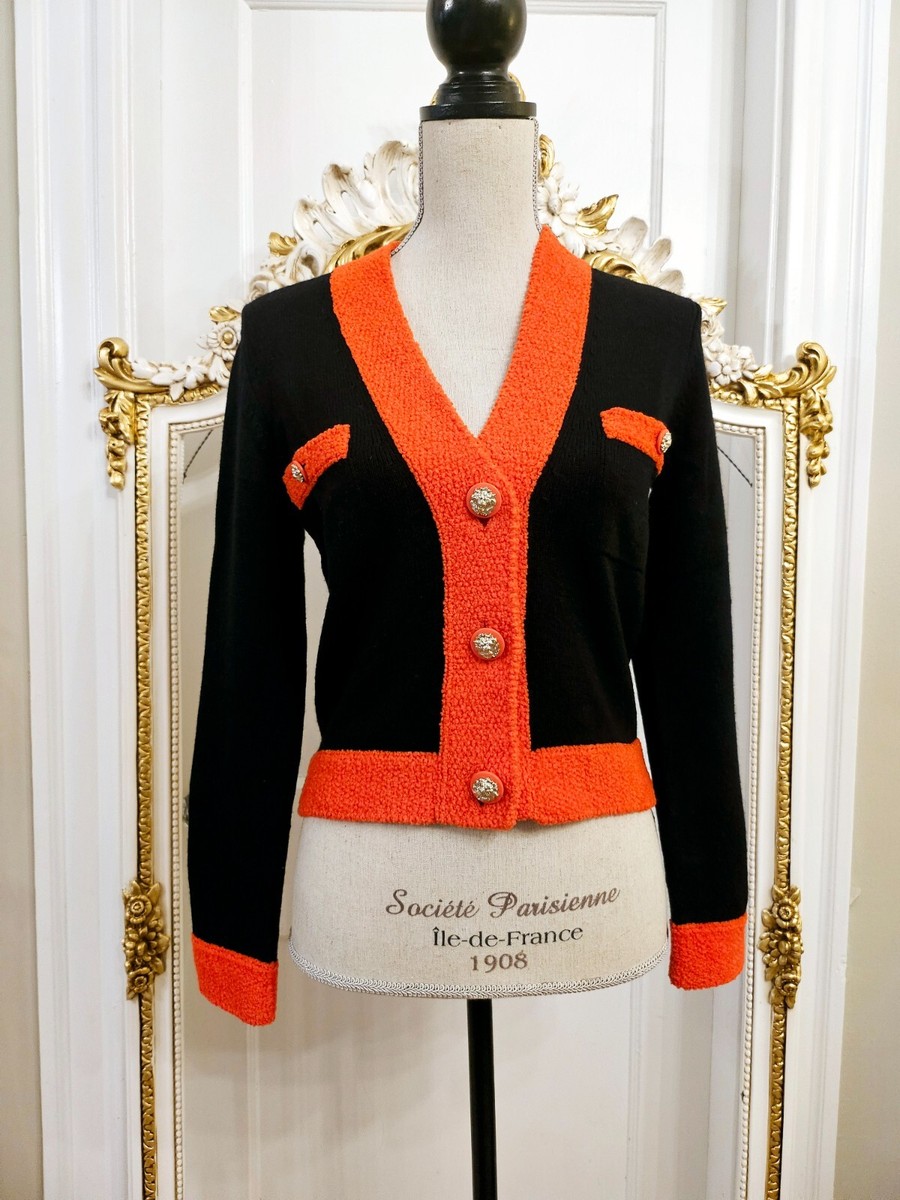 $4K CHANEL FW 2019 Lion Jeweled Buttons Cardigan, Black/Red FR 34