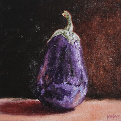 Eggplant Oil Painting, Eggplant Still Life, Zucchini Original Kitchen Art, 6x6in
