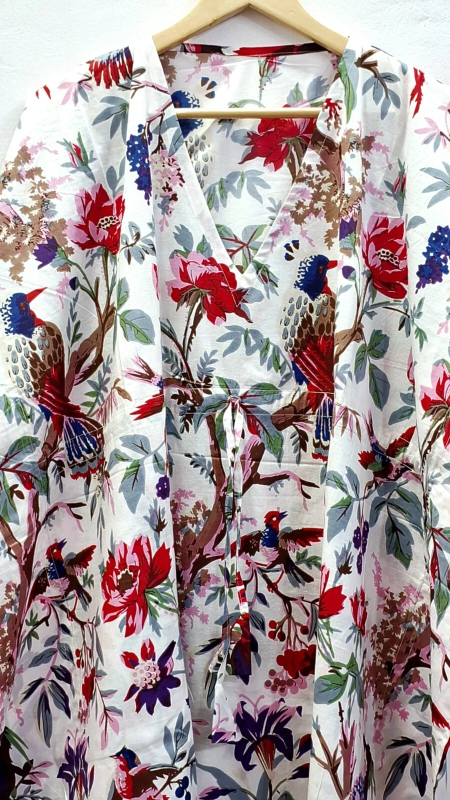 OFF WHITE Maxi abito donna lungo in caftano stampa uccellino bianco sporco loungewear