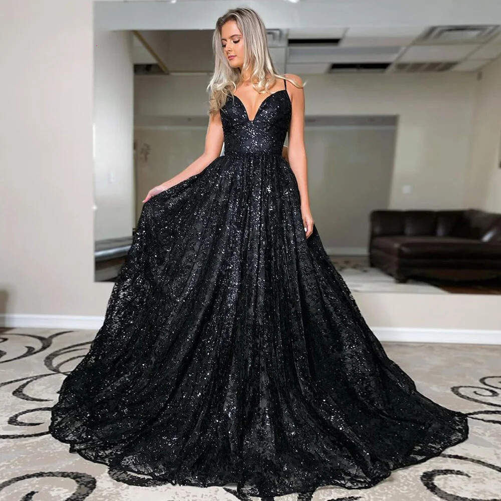 Classic Sparkly Black Wedding Dresses V-Neck Straps Glitter Backless Bridal  Gown