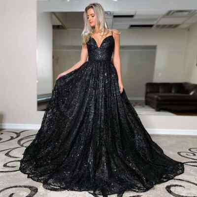Classic Sparkly Black Wedding Dresses V-Neck Straps Glitter