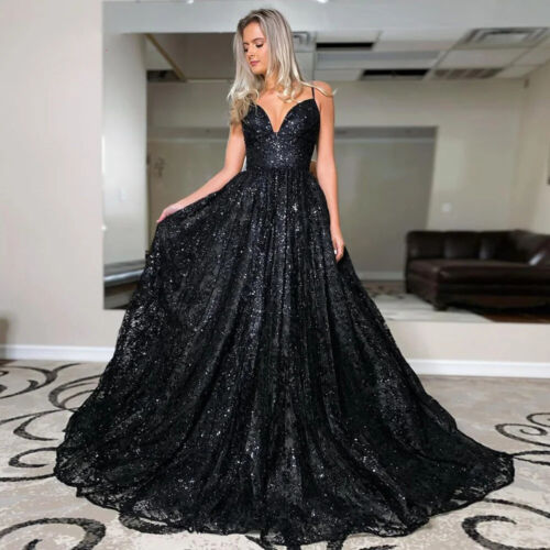 Classic Sparkly Black Wedding Dresses V-Neck Straps Glitter Backless Bridal Gown