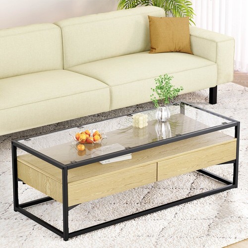 Artiss Coffee Table Square Glass Tabletop End Table 2 Drawers Storage Shelf Pine - Picture 8 of 8
