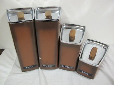 Vintage LINCOLN BEAUTYWARE WEDGE CANISTER SET (4) BROWN CHROME