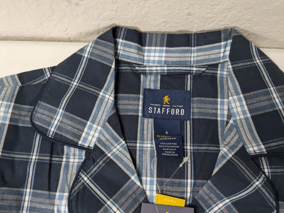 Stafford Pajama Shirt Men's S Navy Blue Plaid Short Sleeve Shirt Only - Image 3 of 4