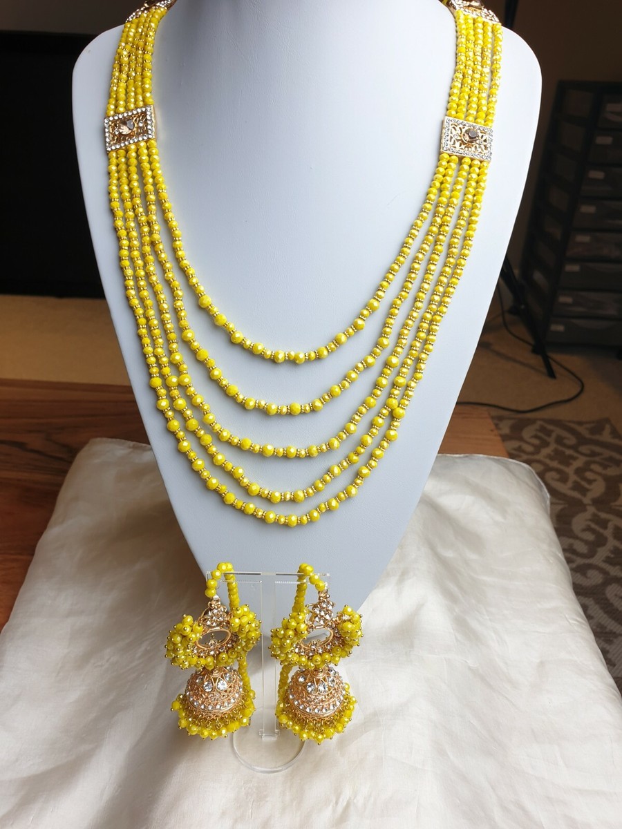Indian Layer Mala With Yellow Crystal's And Motifs On Side With - Main Image