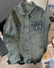 New Men Fashion Trend Denim Diamond Rhinestone Luxury Black Blue Loose Jacket