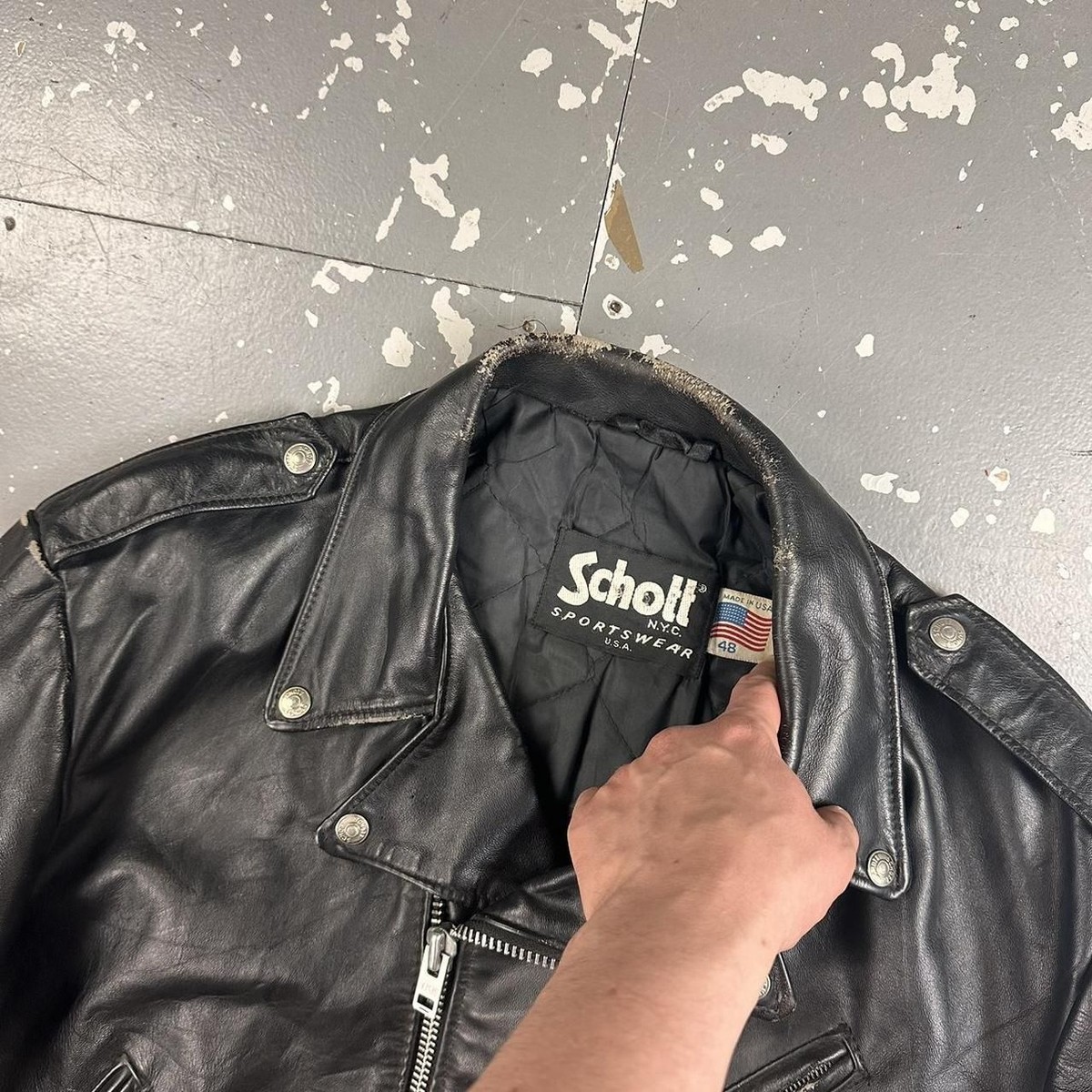 Vintage 80s Schott Sportswear Leather Biker Jacket Black 48 Large