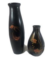Pair of two Vintage Black Lacquer Wood Gold Fish Vietnamese vases