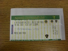 16/08/2003 Ticket: Norwich City v Rotherham United [Press Box Pass] . Any faults