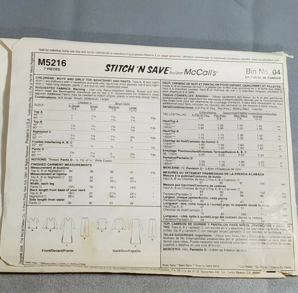 McCalls Stitch N Save Pattern M5216 Boys Girls Top Nightshirt Pants CUT Sz Large - Image 2 of 3