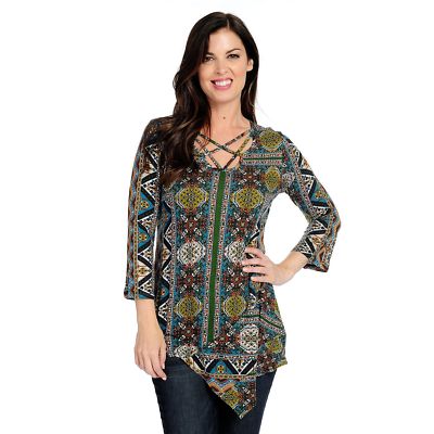 One World Printed Bell Sleeve Pointed Hem Lattice Neck Tunic Olive 1X A434968