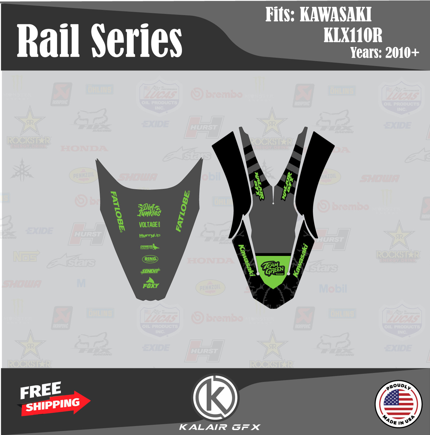 Graphics Kit for  Kawasaki KLX110 KLX110R/RL (2010-2024) Rail - GREEN-SHIFT
