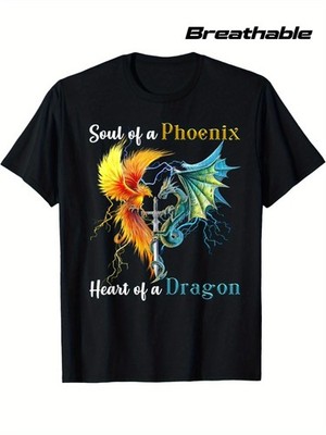 1pc MenS Vintage Phoenix & Dragon Graphic T-Shirt - with Golden & Mythical Cre