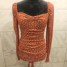 PrettyLittleThing Rust Polka Dot Bodycon Mini Dress Long Sleeve Size US 4