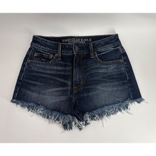 American Eagle Vintage Hi-Rise Festival Denim Shorts Dark Wash Frayed Hem Size 0