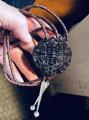 Old Handmade Hand Carved Jade Bolo Tie With Sterling Silver Tips