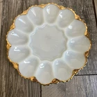 Vintage Anchor Hocking White Glass Deviled Egg Plate Gold Trim Mid Century Mod