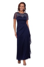 Navy Blue Beaded Bodice Cap Sleeve Evening Gown