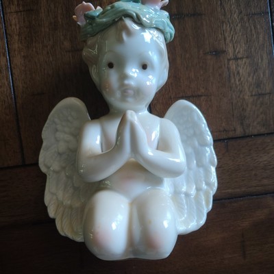 Porcelain Kneeling Praying Angel Cherub Figurine Rose Colorful Floral Halo 6''x5''