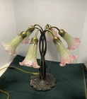 Tiffany Style Lily Lamp 6 Light Pink Green Glass Shades Art Nouveau Vintage