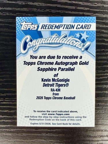 Topps Chrome Sapphire Kevin McGonigle RC Gold Auto /50 Redemption - Tigers