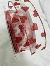 10 Yards 1.5 Inch Wired Winter Valentine Red and Sheer Sparkly Heart Ribbon