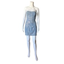Shein Womens XS Blue Metallic Strapless Bodycon Denim Mini Dress Sleeveless