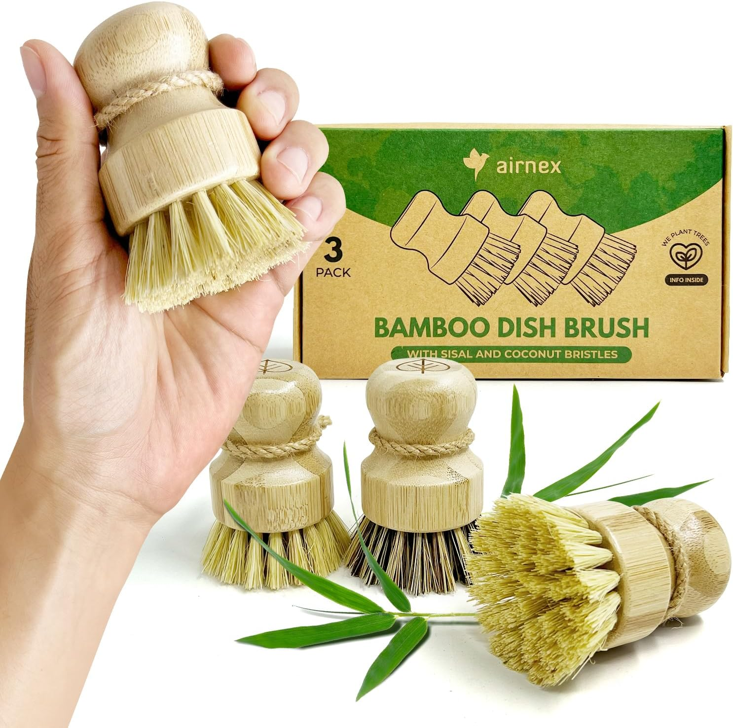 Bamboo Dish Brush Set of 3 - Natural & Non Toxic Dish Scrubber W/Sisal & Coconut