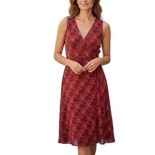Ann Taylor LOFT Faux Wrap Dress Women 10 Red Fern Print Sleeveless V-Neck A-Line