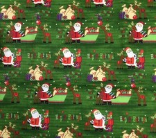 Santa and Sleigh Reindeer Green Cotton Christmas Fabric - 2.3 yards x 44"