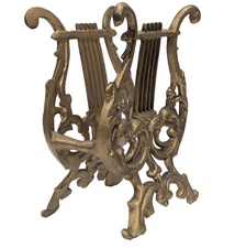 Vintage Cast Iron Lyre Harp Music Rack 11" Gold Stand Book Magazine Holder Retro