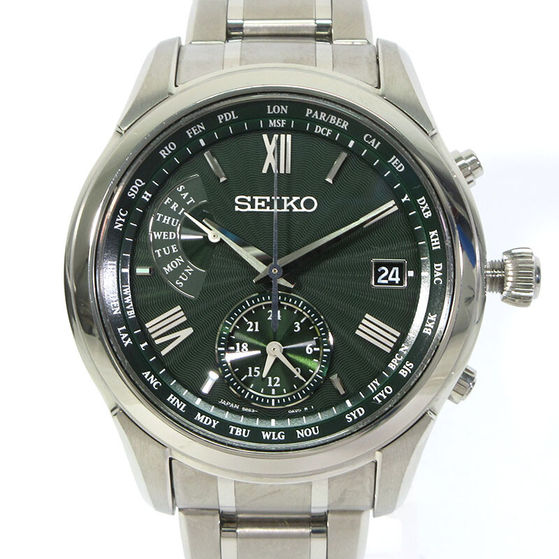 Seiko Brightz Brijin Saga307 Men's Analog Solar Radio Watch Green/Silver Used