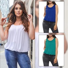 Womens Italian Plated Basic Top Ladies Elasticated Round Scoop Neck Vest T-Shirt