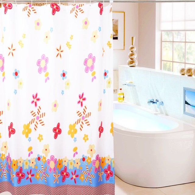 Flower Water Resistant Bathroom Shower Curtain White Fabric W/ Hook