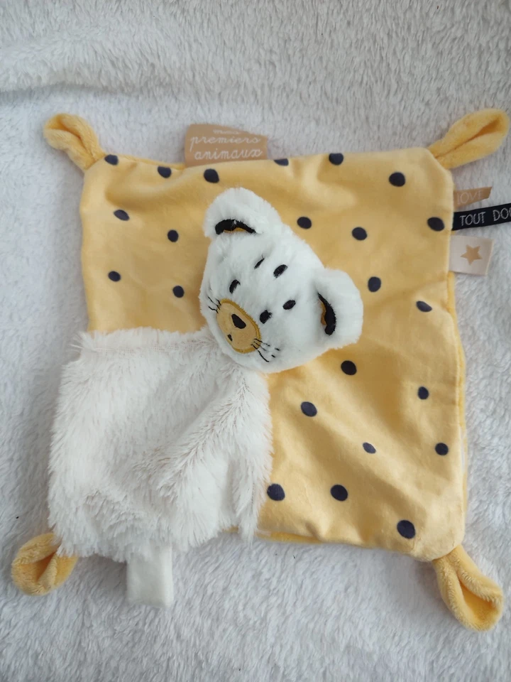 Doudou Plat Mouchoir Lion Tigre Blanc Jaune Tape À L'oeil TAO - Photo 1/1