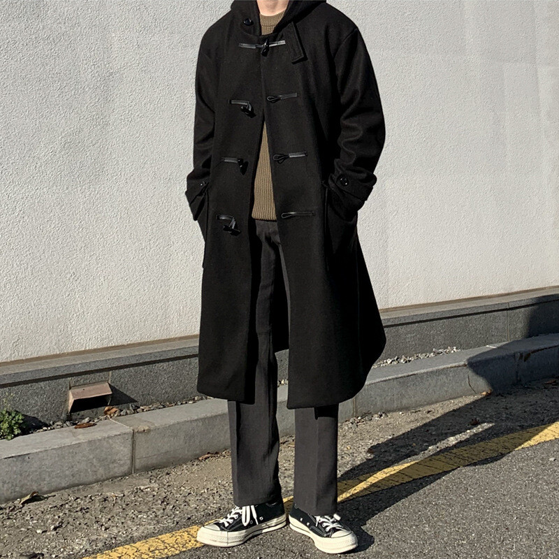 Japanese Wool Coat Men's Long Coat Hooded Lapel Jacket Horn