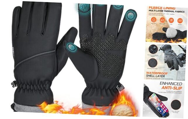 Winter Gloves Waterproof Windproof for Mens Women, Thermal Warm Large Black