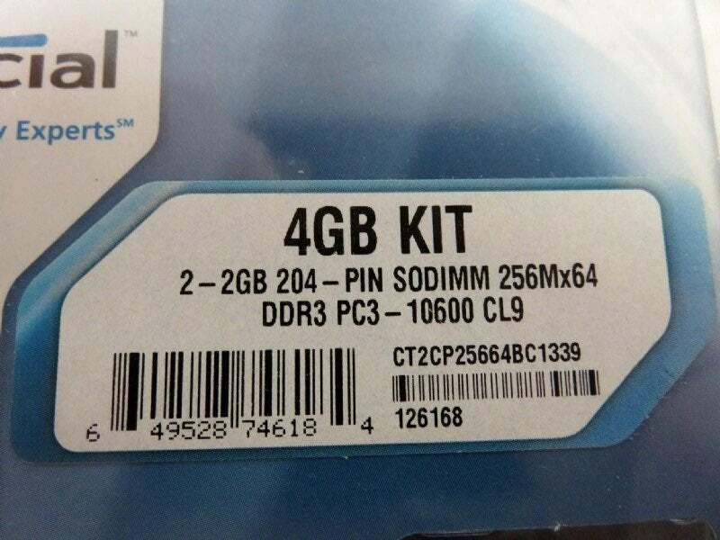 Crucial 2- 2GB 204-PIN SODIMM DDR3  Memory Module 4GB Kit CT2KIT25664BC1339 - Image 3 of 4