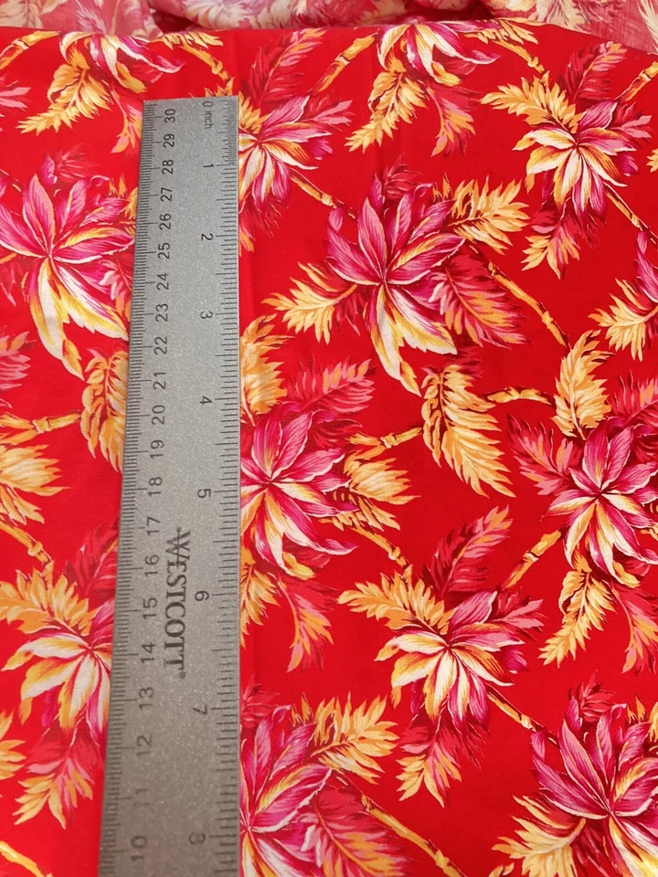 VTG Marcus Bros Fabric Pink Yellow Tropical Flowers on Red Faye Burgos 2.25Yx44" - Image 2 of 3