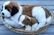 RARE E&J Prima Classic Collection St Bernard Plush Dog w/Puppy in Wicker Basket